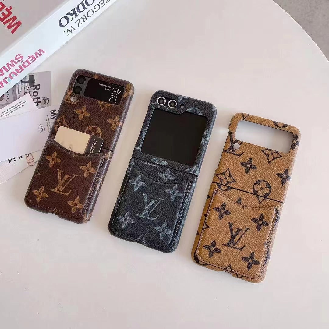 Luxury Monogram Leather Case with Card Holder for Samsung Galaxy Z Flip – Stylish & Functional