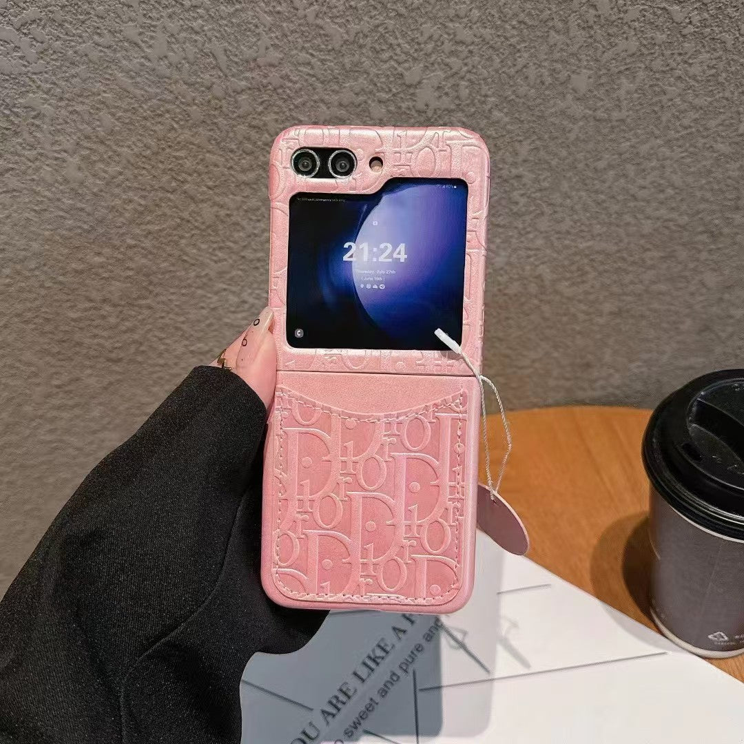 Embossed Leather Flip Case with Tag Charm – For Samsung Z Flip