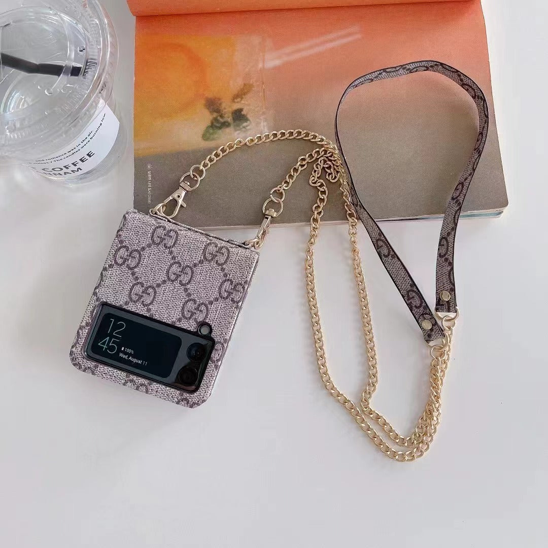 Luxury Designer-Inspired Z Flip Case with Gold Chain Strap & Card Holder – Fashionable & Functional