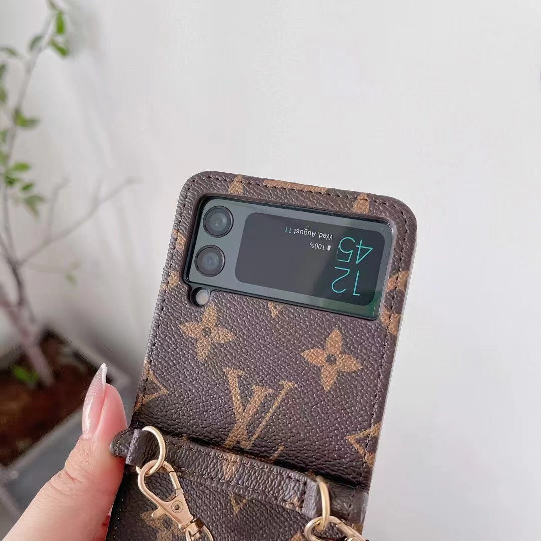 Luxury Designer-Inspired Z Flip Case with Gold Chain Strap & Card Holder – Fashionable & Functional