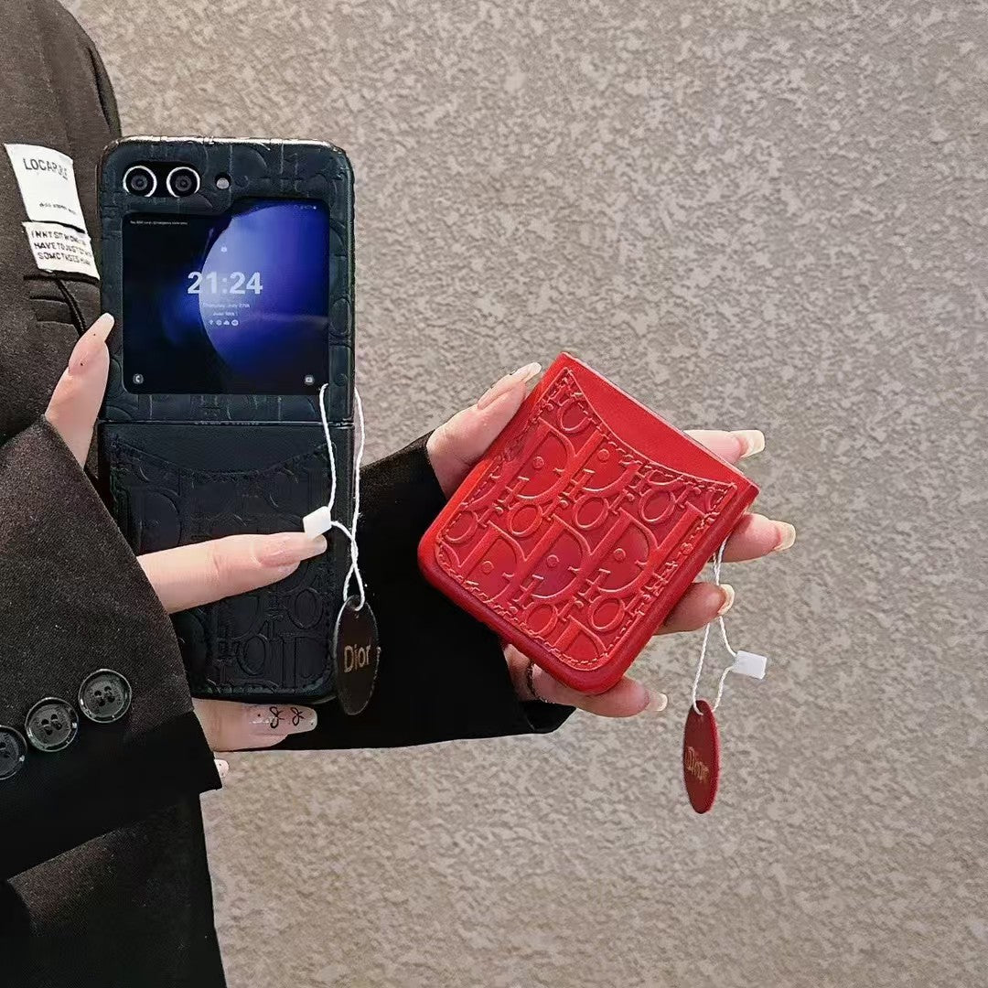 Embossed Leather Flip Case with Tag Charm – For Samsung Z Flip