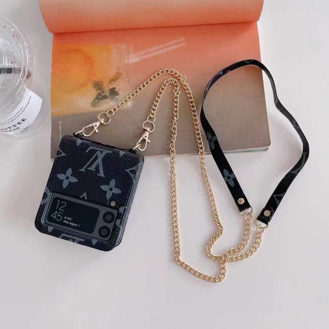 Luxury Designer-Inspired Z Flip Case with Gold Chain Strap & Card Holder – Fashionable & Functional