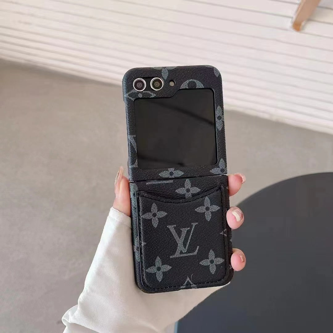 Luxury Monogram Leather Case with Card Holder for Samsung Galaxy Z Flip – Stylish & Functional