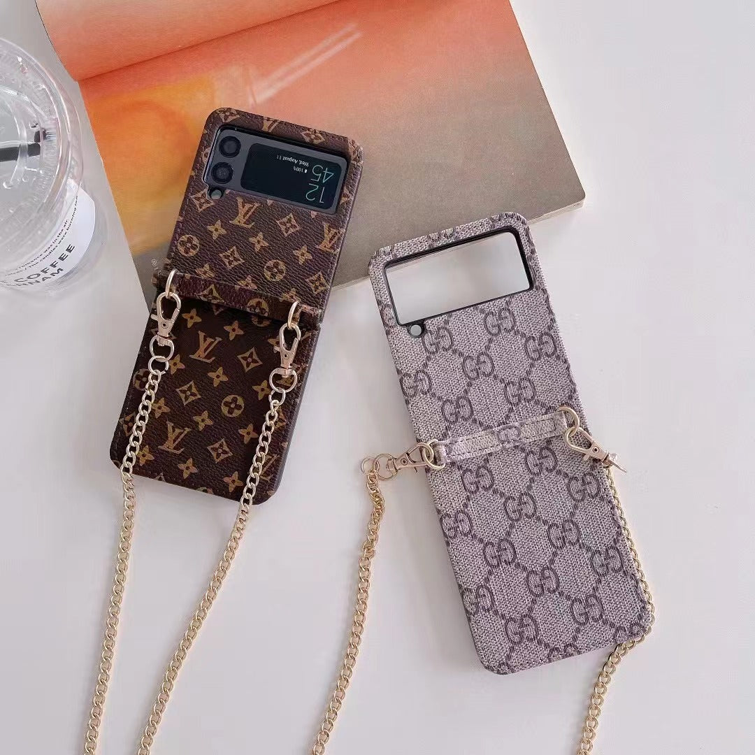 Luxury Designer-Inspired Z Flip Case with Gold Chain Strap & Card Holder – Fashionable & Functional