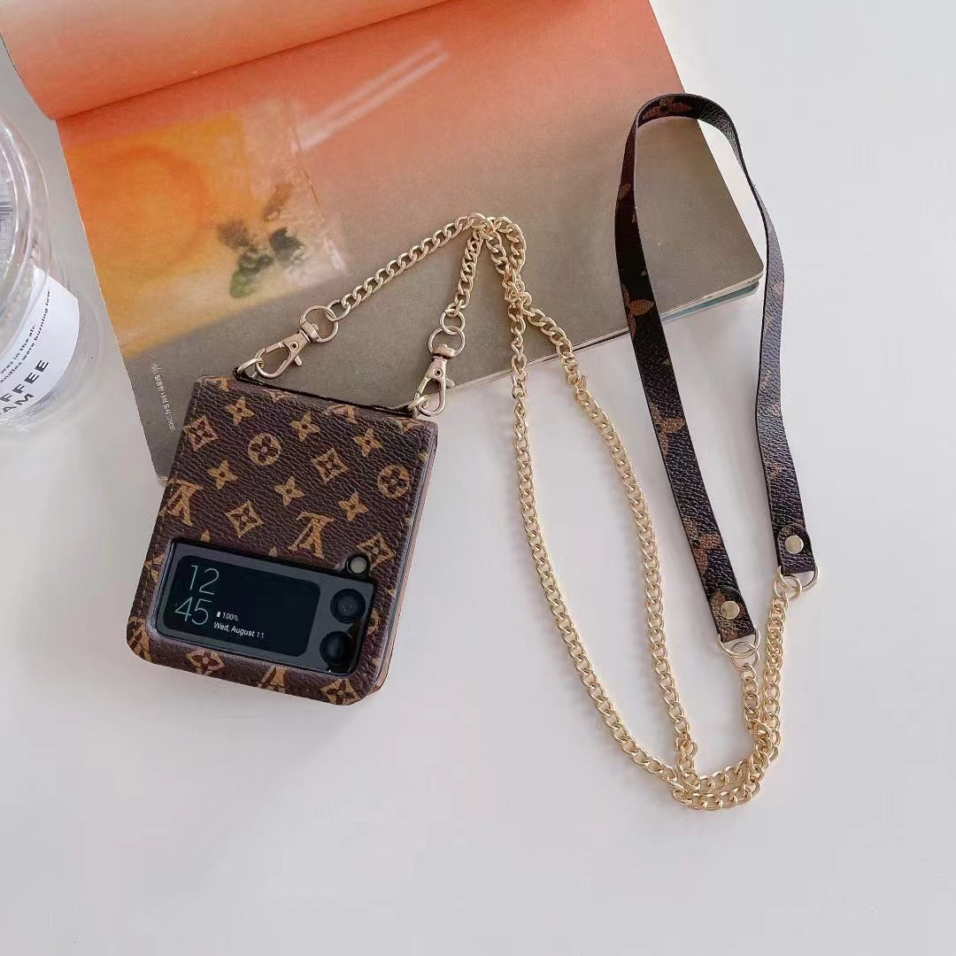 Luxury Designer-Inspired Z Flip Case with Gold Chain Strap & Card Holder – Fashionable & Functional
