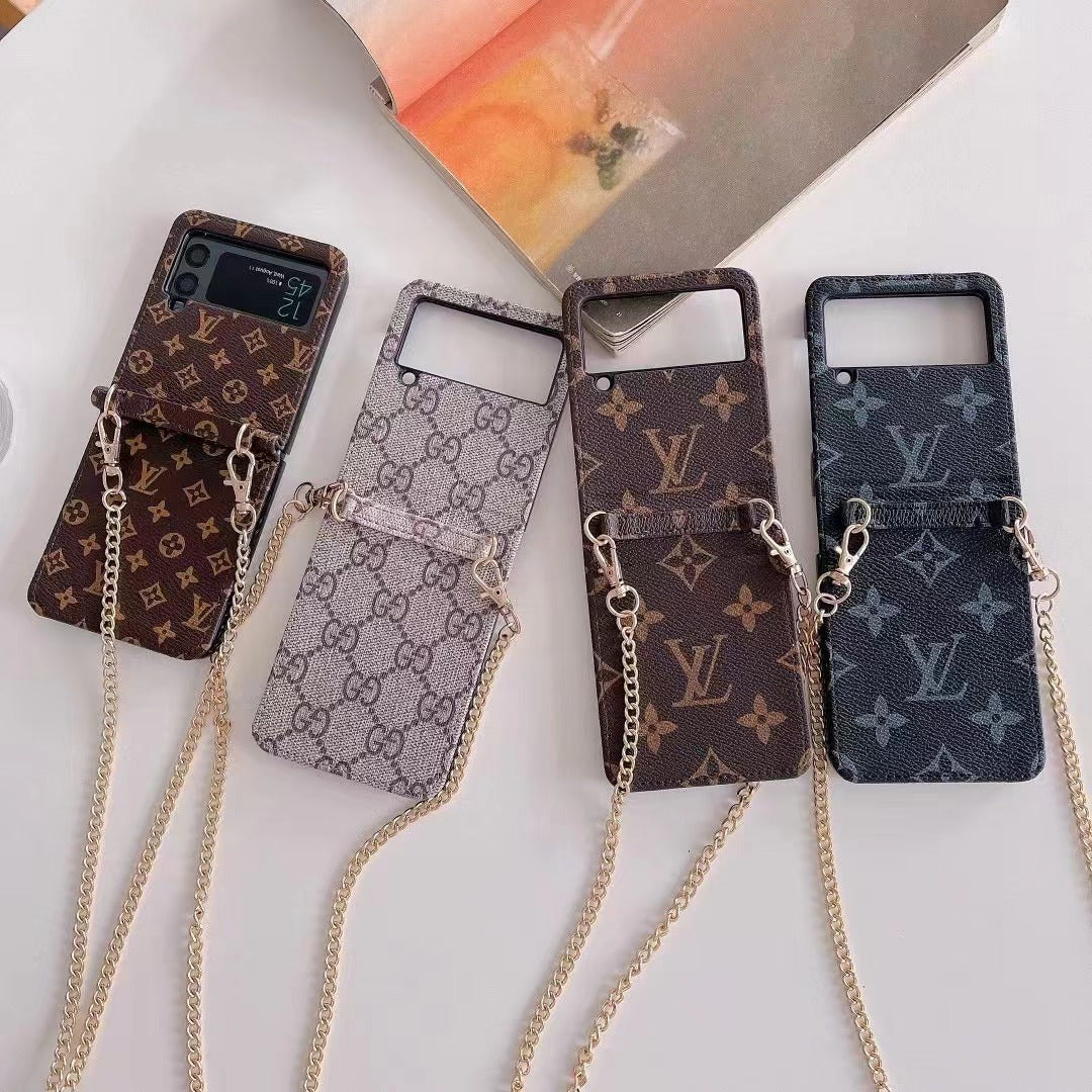 Luxury Designer-Inspired Z Flip Case with Gold Chain Strap & Card Holder – Fashionable & Functional