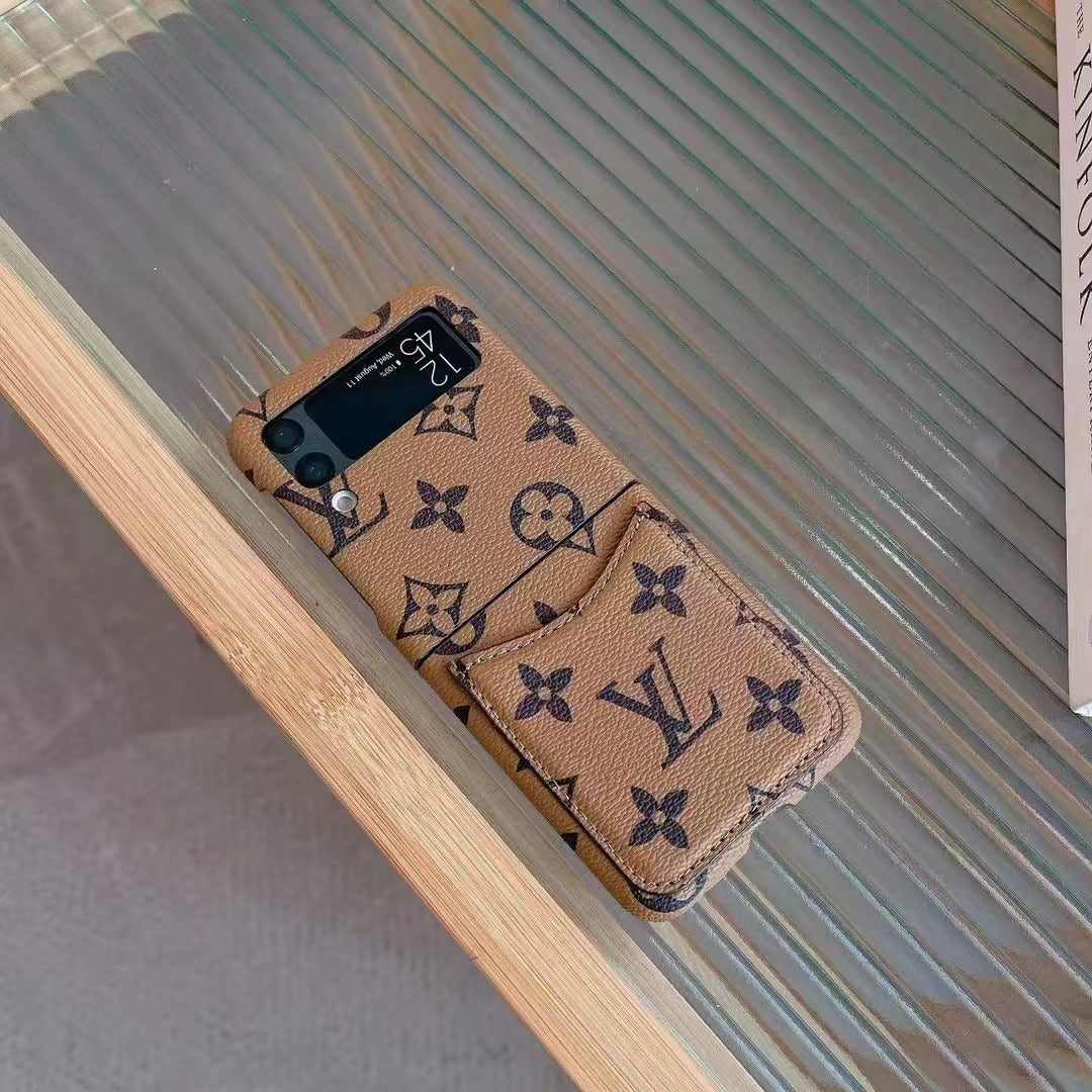Luxury Monogram Leather Case with Card Holder for Samsung Galaxy Z Flip – Stylish & Functional