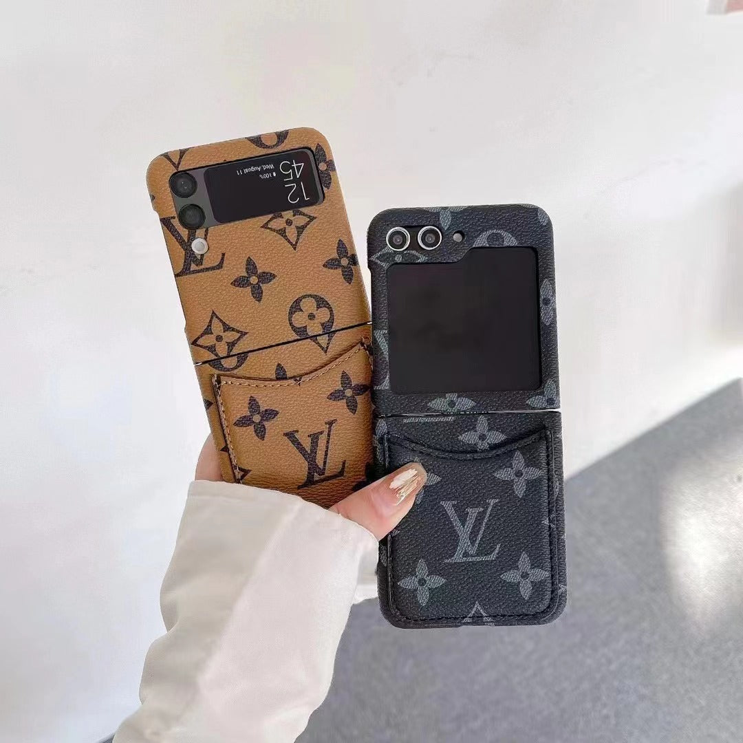 Luxury Monogram Leather Case with Card Holder for Samsung Galaxy Z Flip – Stylish & Functional