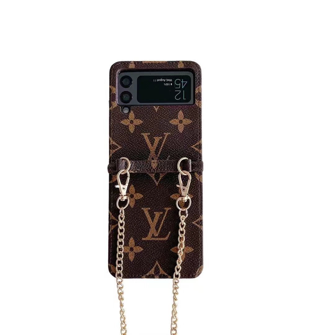 Luxury Designer-Inspired Z Flip Case with Gold Chain Strap & Card Holder – Fashionable & Functional