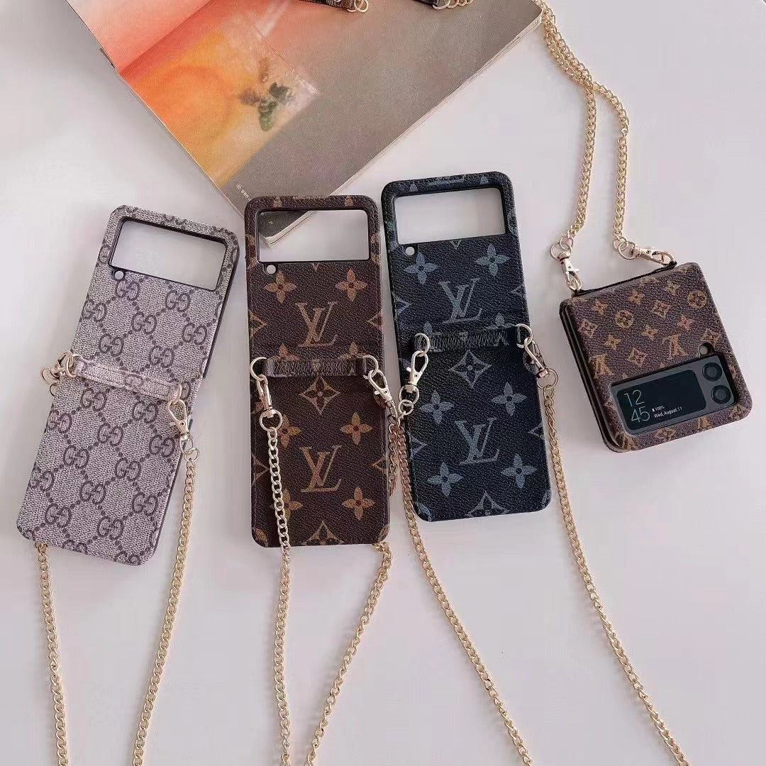 Luxury Designer-Inspired Z Flip Case with Gold Chain Strap & Card Holder – Fashionable & Functional