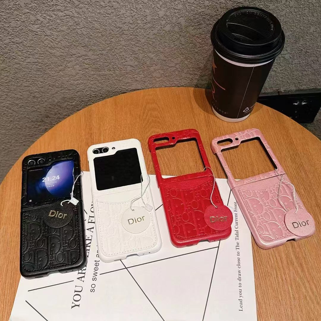 Embossed Leather Flip Case with Tag Charm – For Samsung Z Flip