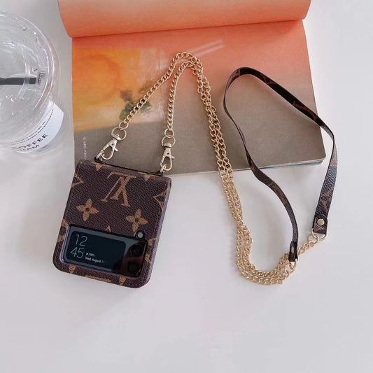 Luxury Designer-Inspired Z Flip Case with Gold Chain Strap & Card Holder – Fashionable & Functional