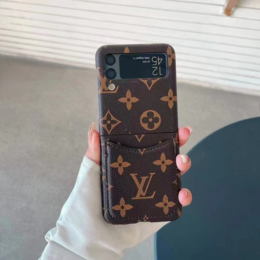 Luxury Monogram Leather Case with Card Holder for Samsung Galaxy Z Flip – Stylish & Functional